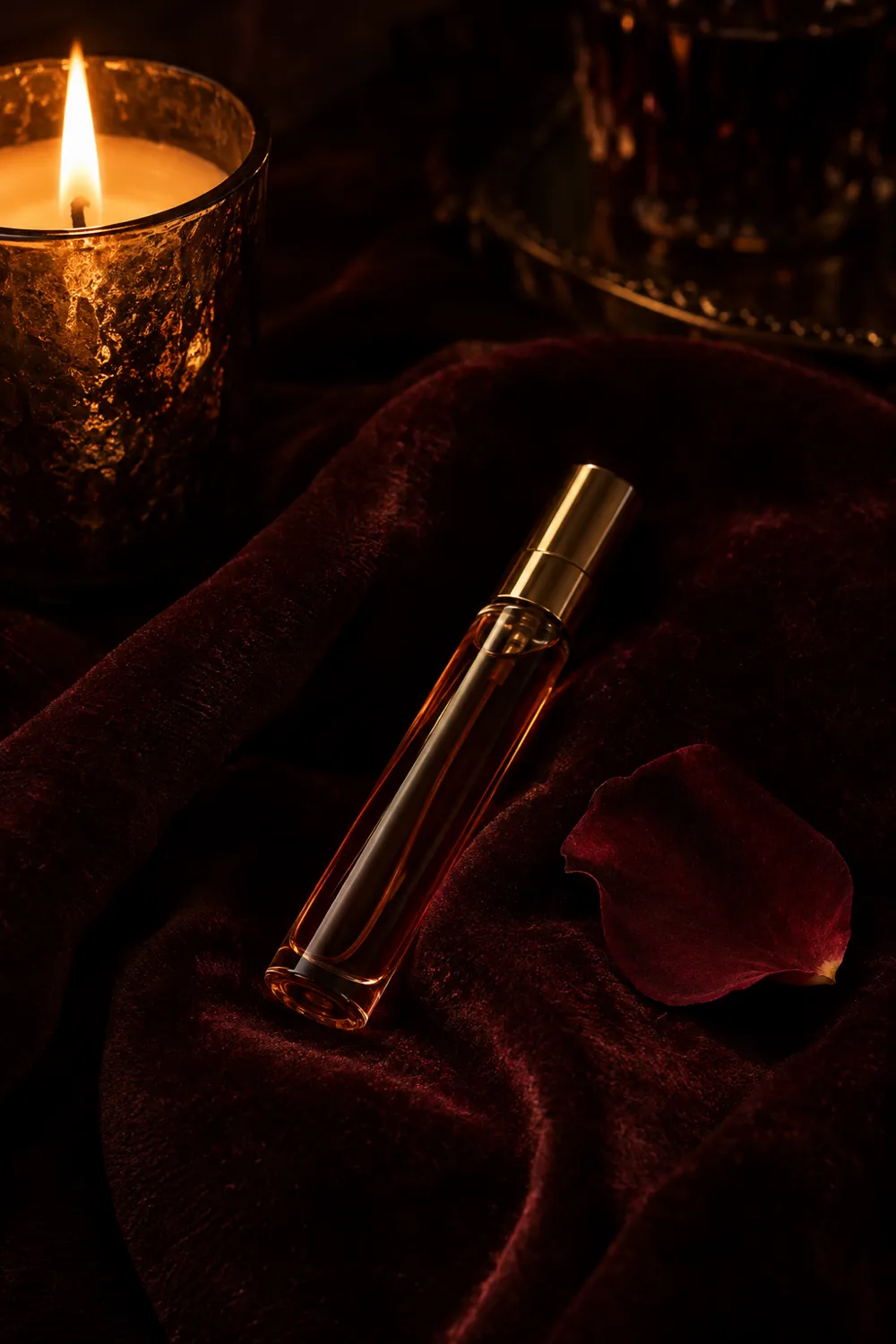 Amber decant on oxblood velvet beside a candle
