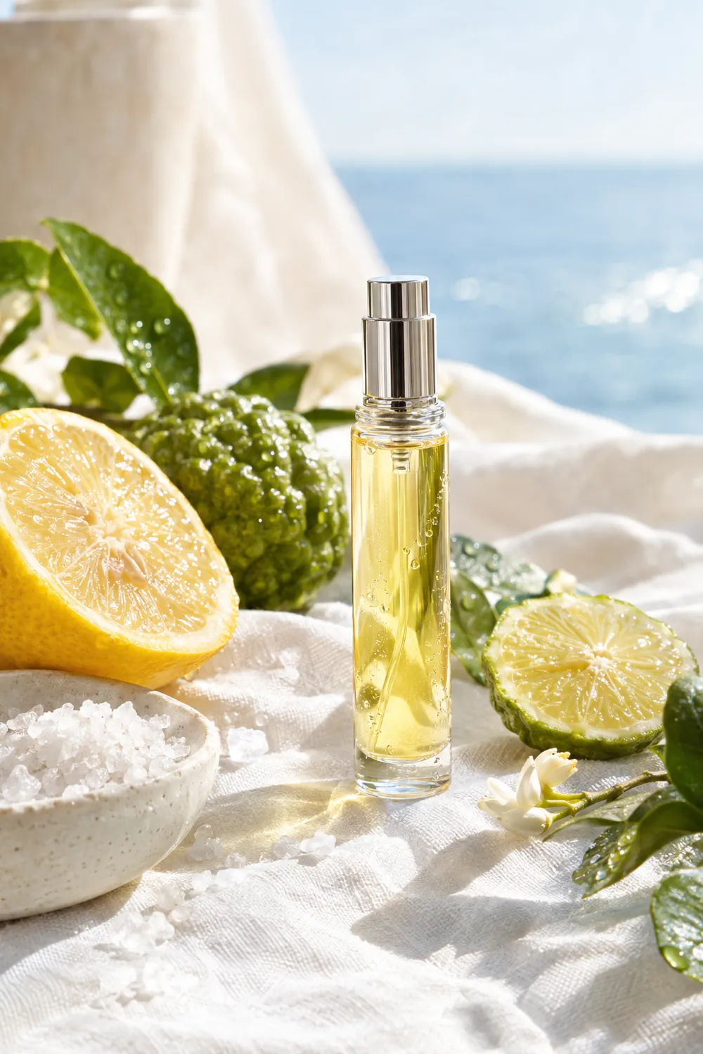 Citrus decant on white linen with lemon and bergamot
