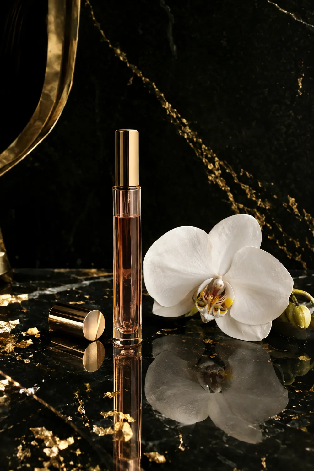 Rose-gold decant on black marble with a white orchid