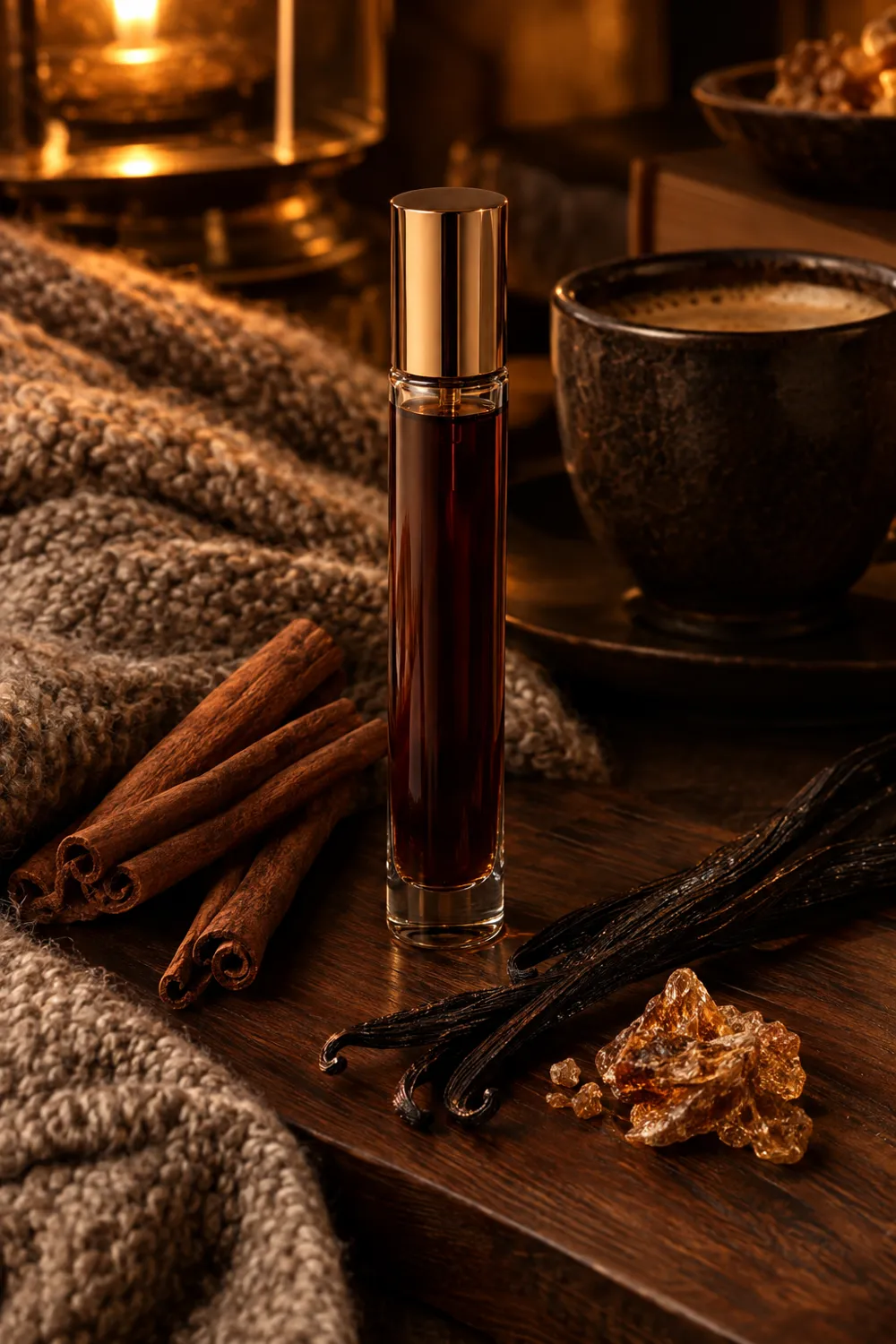 Tobacco-brown decant with cinnamon and vanilla pods