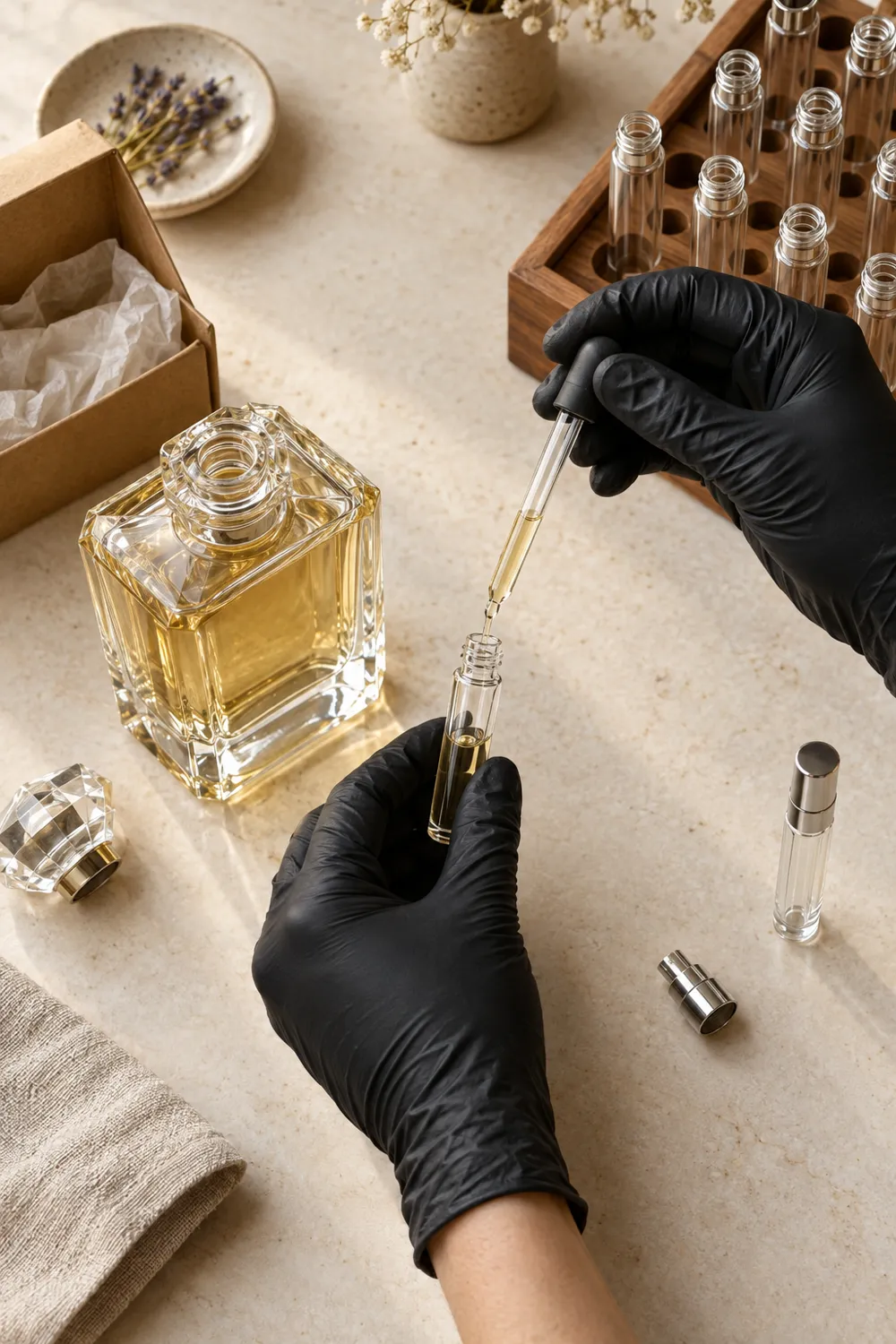 Gloved hands transferring fragrance from a crystal bottle into a glass decant with a pipette