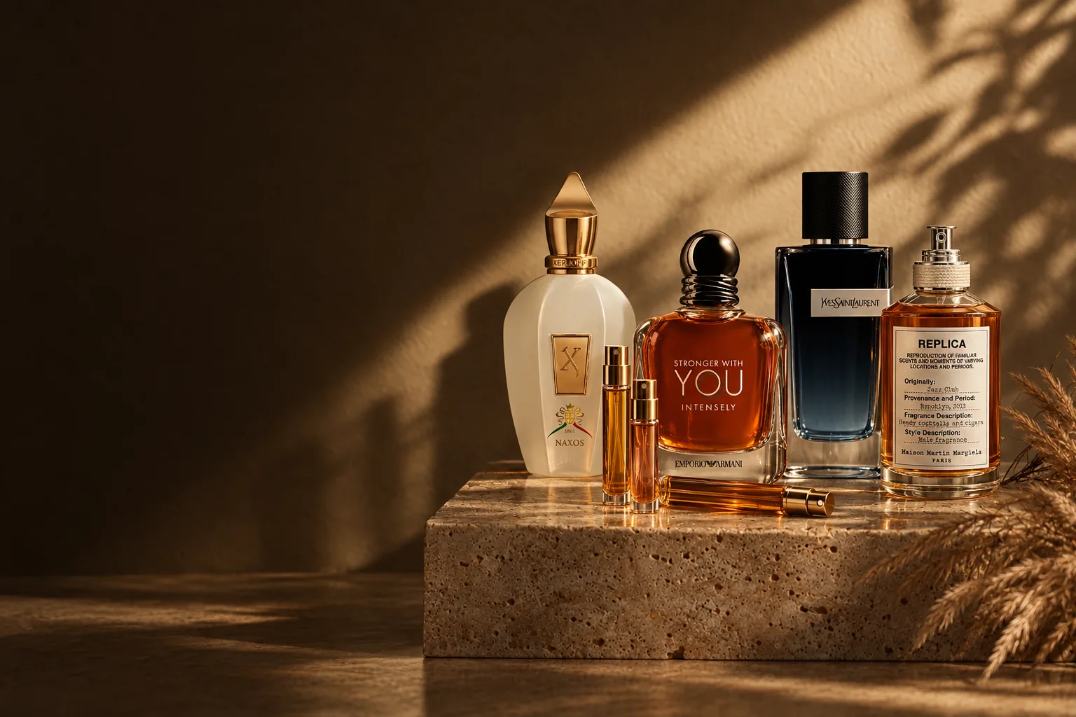 Xerjoff Naxos, Armani Stronger With You Intensely, YSL Y and Replica Jazz Club bottles with glass decant vials on a travertine plinth